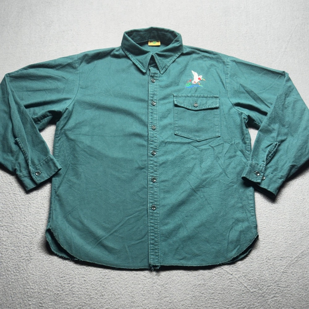 Ideal Vintage Flannel Shirt Mens L Green Embroidered Mallard Duck USA Made